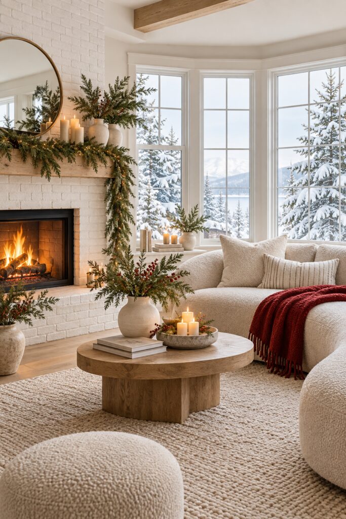 Ivory living room with a white brick fireplace evergreen mantel garland cream vases and a red throw on the sofa