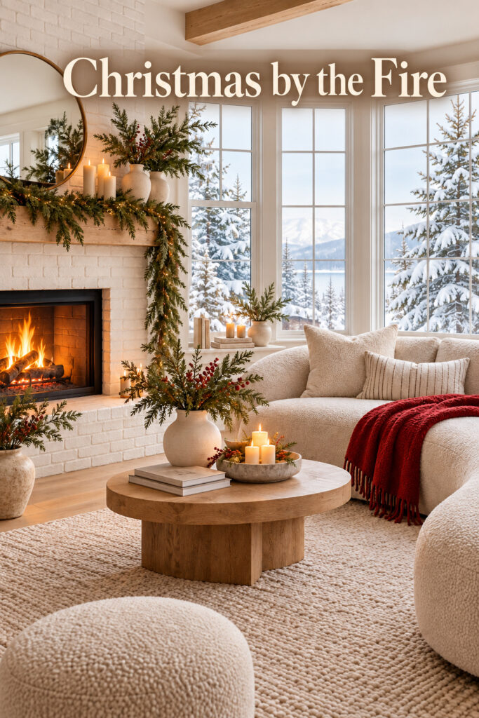 Christmas living room with greenery ceramic vases and red blanket beneath the words Christmas by the Fire
