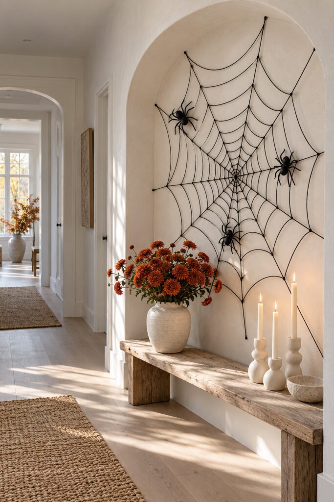 Large black spiderweb with three spiders above a wood bench holding rust flowers and ivory candleholders