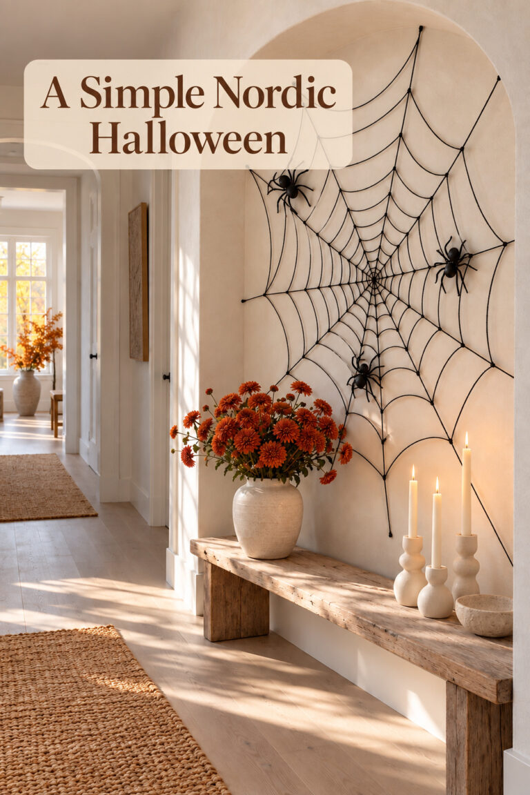 Halloween hallway with a black spiderweb and rust flowers beneath the words A Simple Nordic Halloween