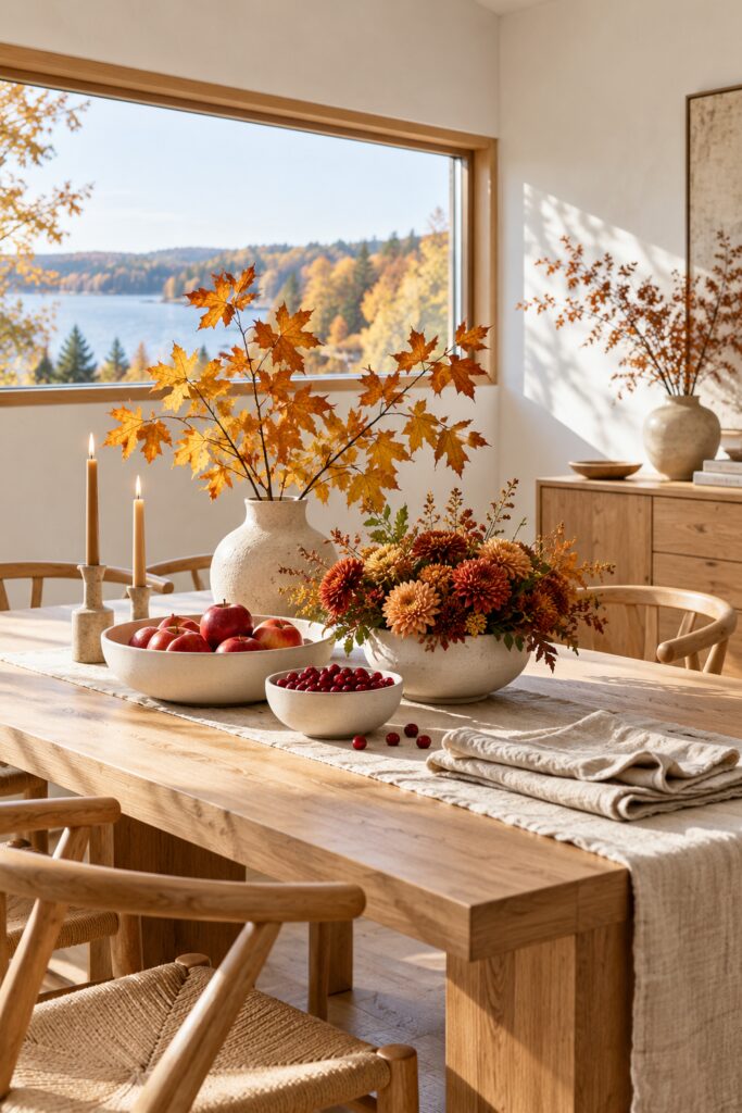 Golden maple branches in a cream vase beside autumn flowers apples cranberries and candles on a wood table