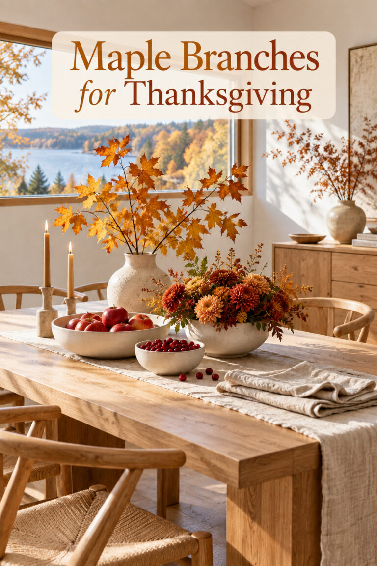 Thanksgiving table of maple branches and cream bowls with the words Maple Branches for Thanksgiving