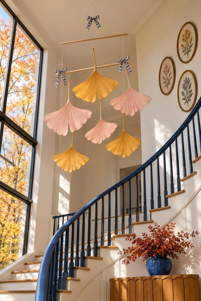 Large yellow and blush ginkgo leaves hang from wood bars beside a curved blue stair railing and botanical wall pictures