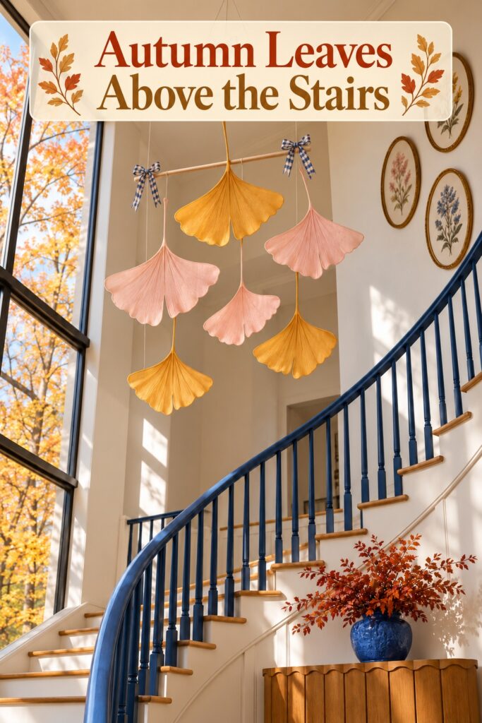 Autumn leaf mobile above a blue railing with a cream banner reading Autumn Leaves Above the Stairs