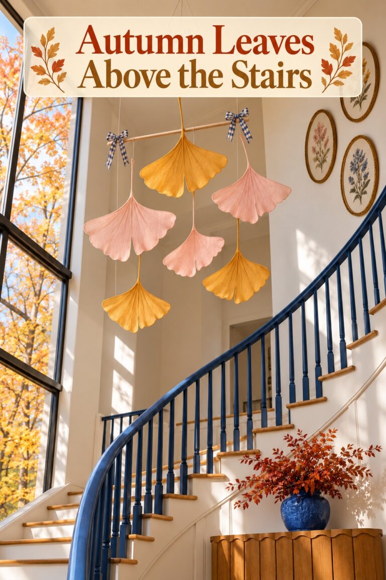 Autumn leaf mobile above a blue railing with a cream banner reading Autumn Leaves Above the Stairs