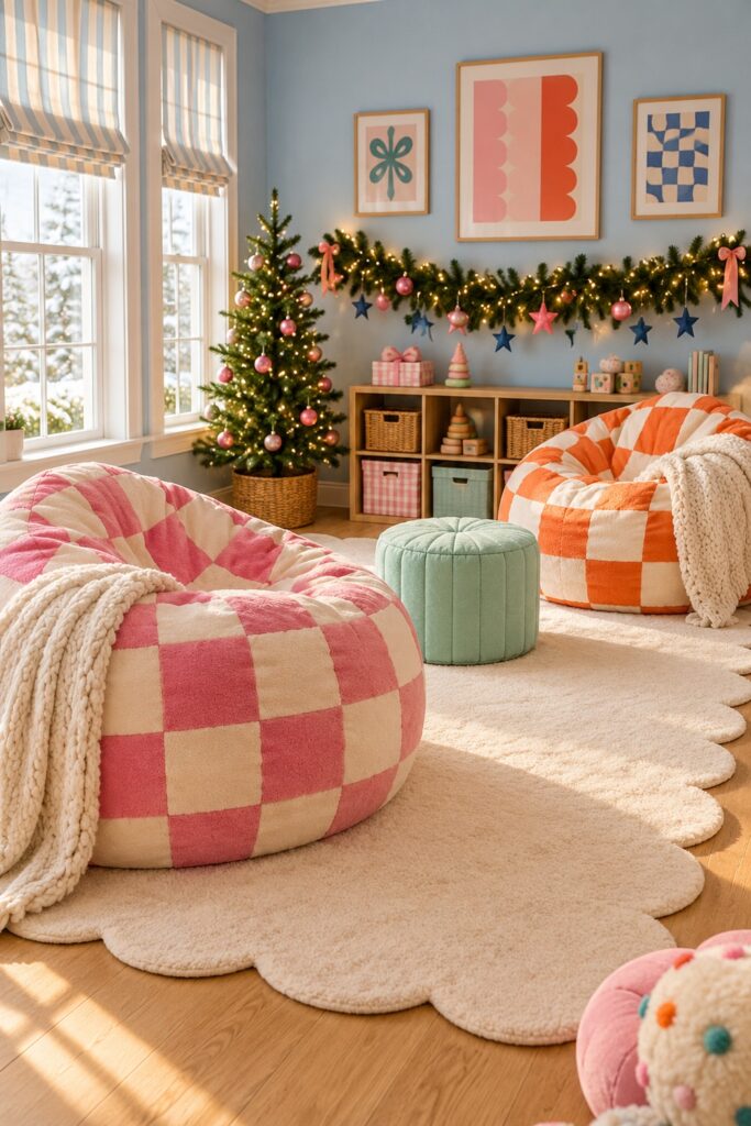Pink and orange checked beanbags surround a mint ottoman on a cream rug beneath Christmas greenery in a blue playroom