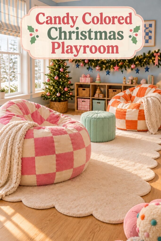 Christmas playroom with patterned seats and star garland beneath the words Candy Colored Christmas Playroom