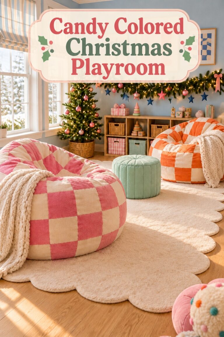 Christmas playroom with patterned seats and star garland beneath the words Candy Colored Christmas Playroom