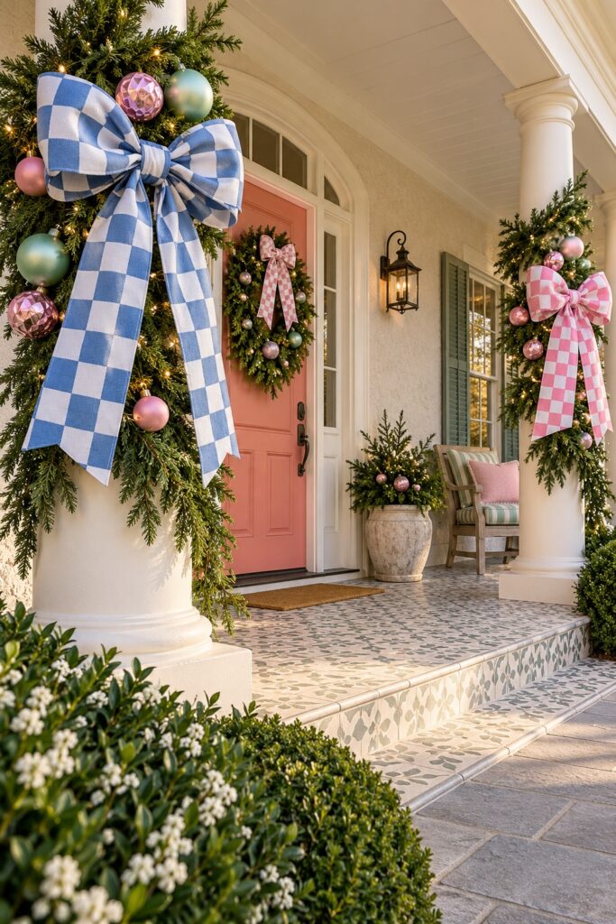 Blue and pink checked bows hang over cedar garlands on cream porch columns near a coral door and decorated wreath
