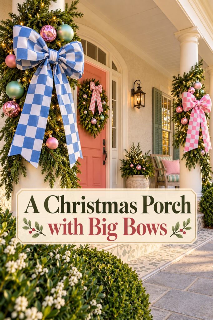 Christmas column bows and pastel ornaments frame a porch with the words A Christmas Porch with Big Bows