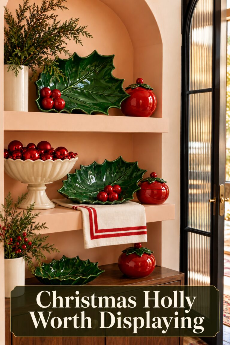 Green holly dishes and red ceramic jars on peach shelves above a Christmas holly headline