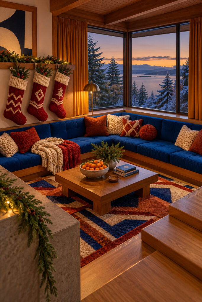 Sunken seating area with cobalt cushions red Christmas stockings knitted throws and warm lamp light