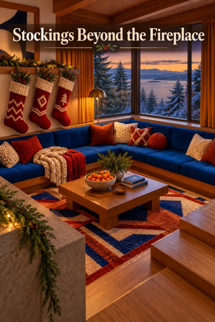Red knitted Christmas stockings above cobalt seating beneath a headline about stockings beyond the fireplace