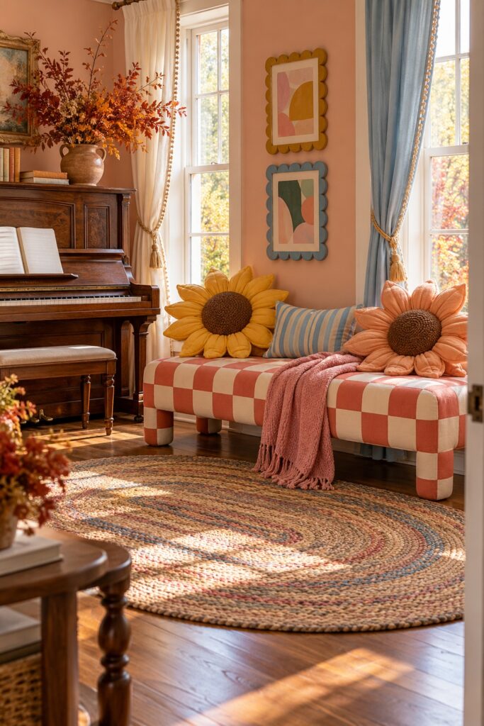 Yellow and apricot sunflower cushions sit on a coral checked bench beside a wood piano and tall windows