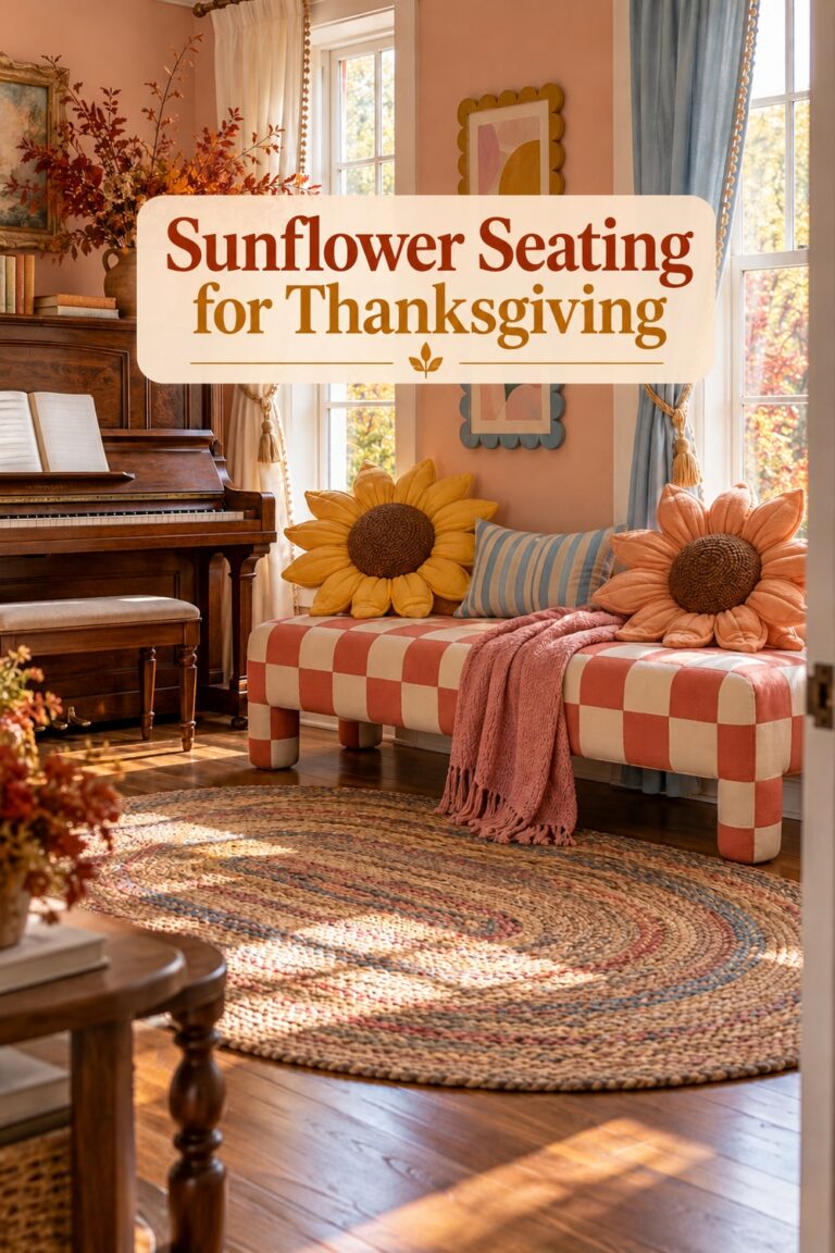 Thanksgiving bench with oversized flower pillows and a coral throw under the words Sunflower Seating for Thanksgiving