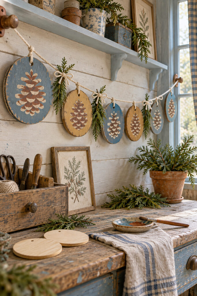 Blue and ochre wooden disks painted with pinecones hanging on a cotton Christmas garland with greenery above a workbench