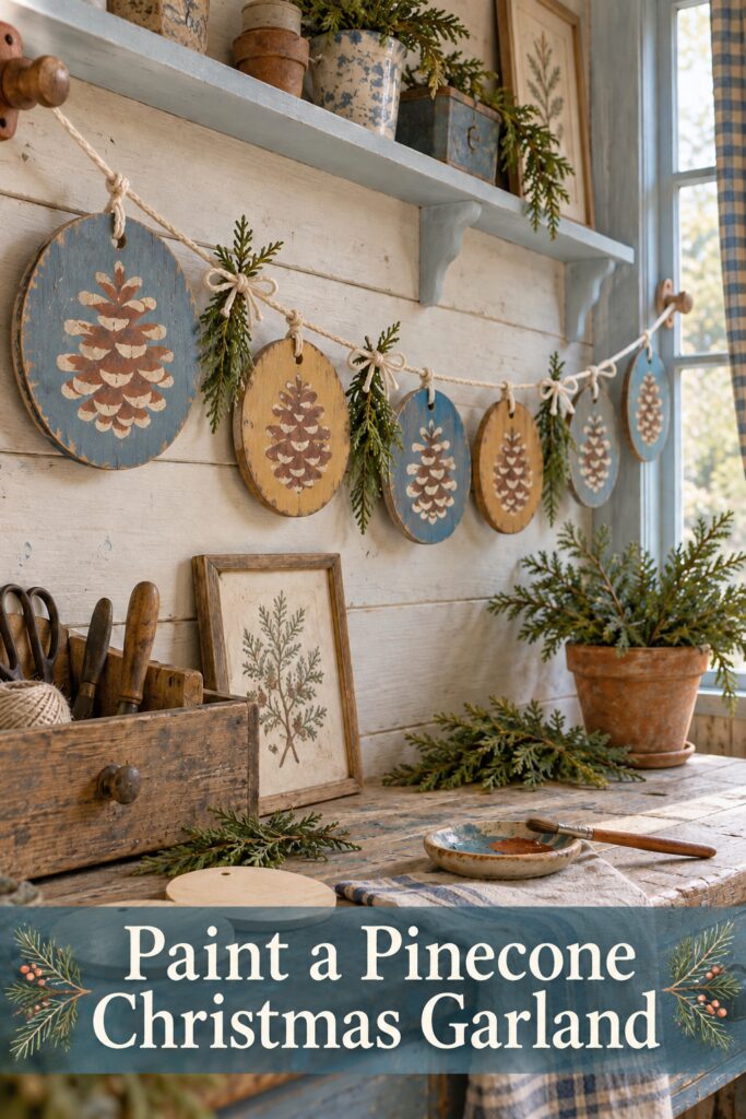 Blue and ochre wooden disks painted with pinecones hanging on a cotton Christmas garland with greenery above a workbench with Paint a Pinecone Christmas Garland headline