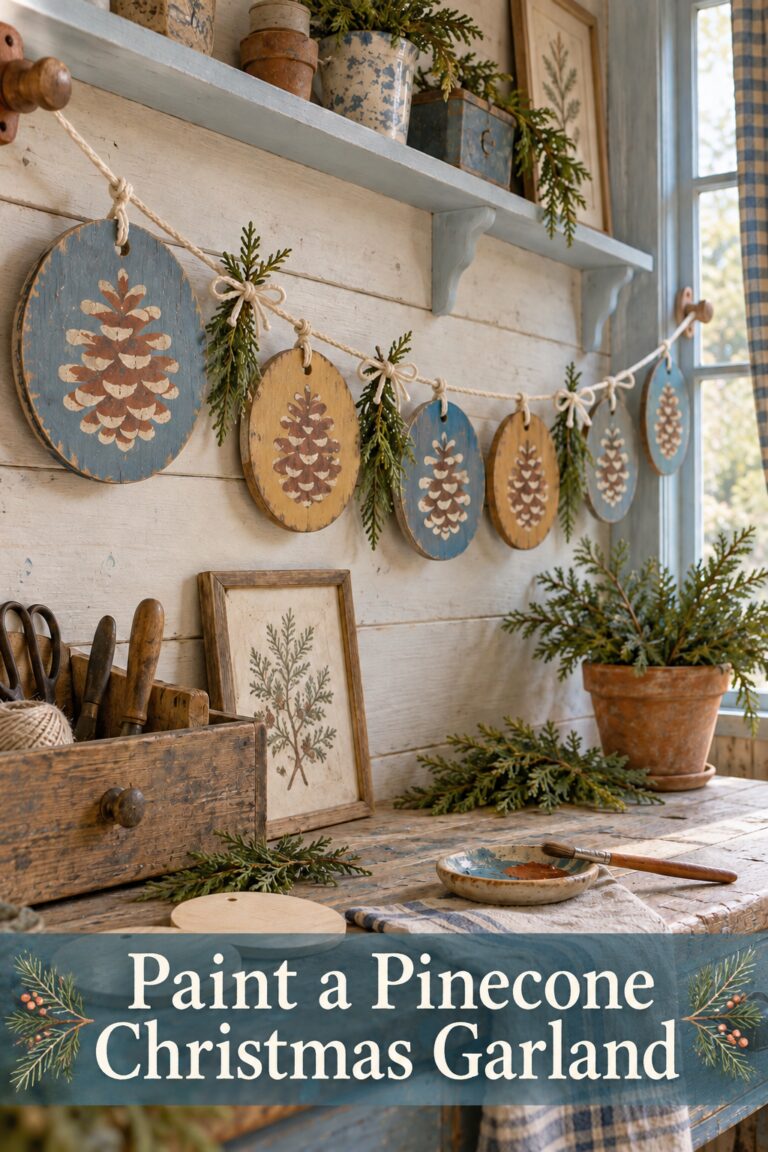 Blue and ochre wooden disks painted with pinecones hanging on a cotton Christmas garland with greenery above a workbench with Paint a Pinecone Christmas Garland headline