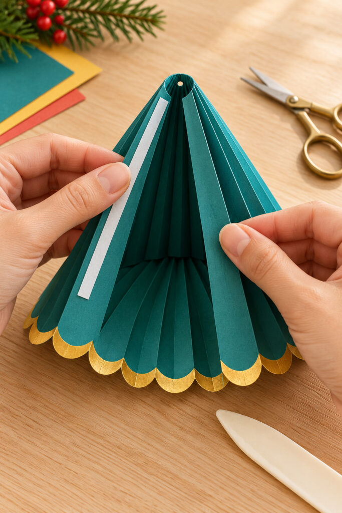 Hands joining the back seam of a hollow teal pleated paper bell with narrow tape and a scalloped gold rim
