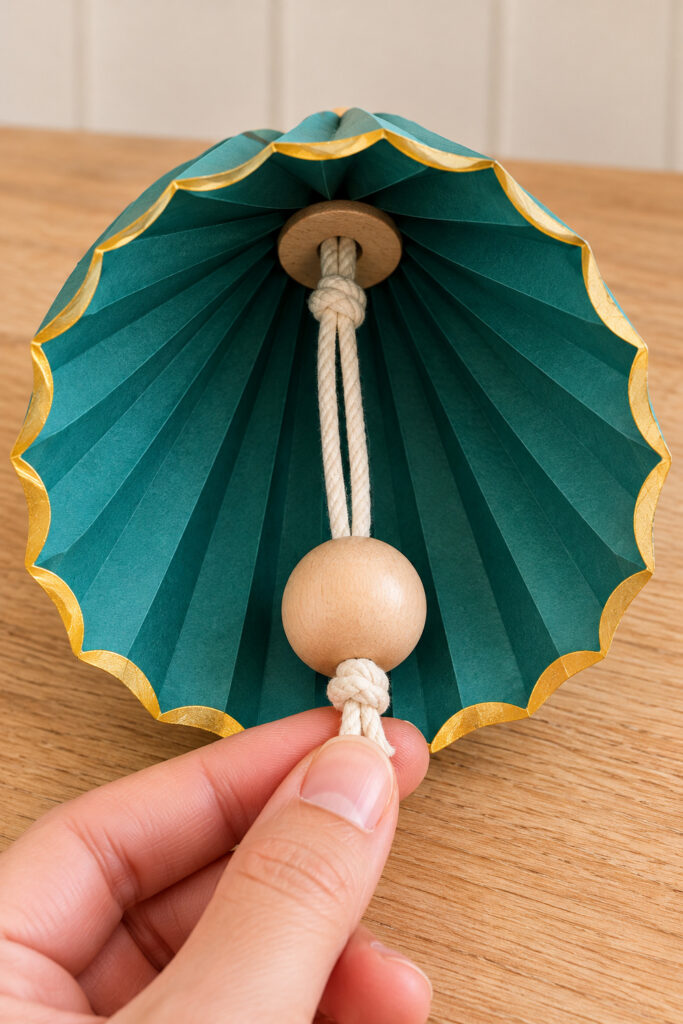 Inside a teal paper bell a wooden washer and support knot hold doubled cord above a wooden clapper with a knot underneath