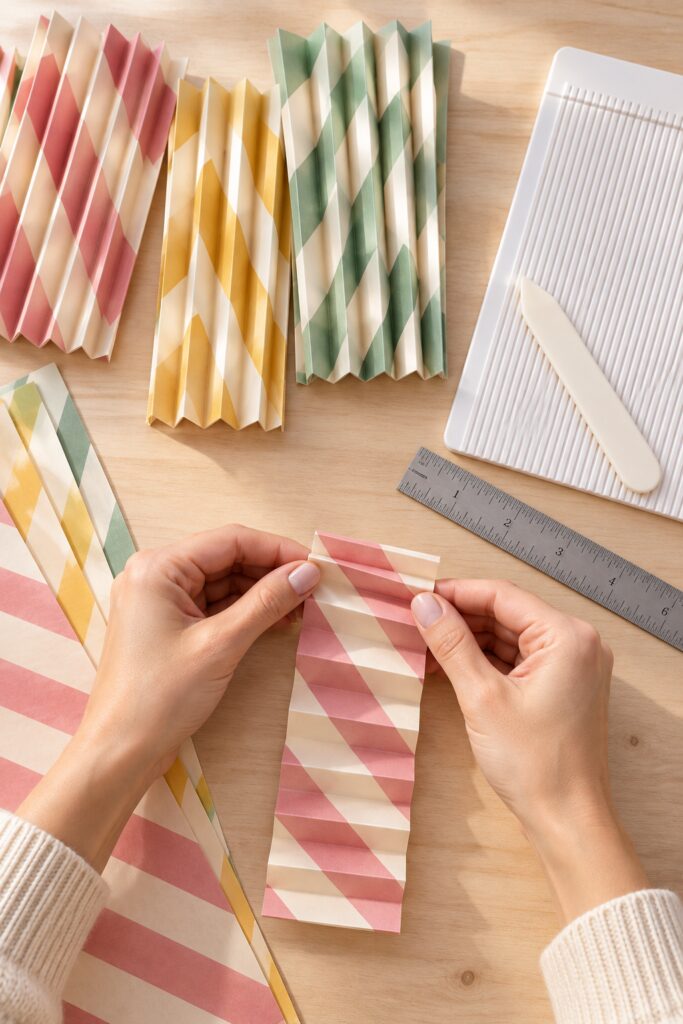 Hands fold a pink and cream striped paper strip into accordion pleats beside a scoring board and matching pastel strips