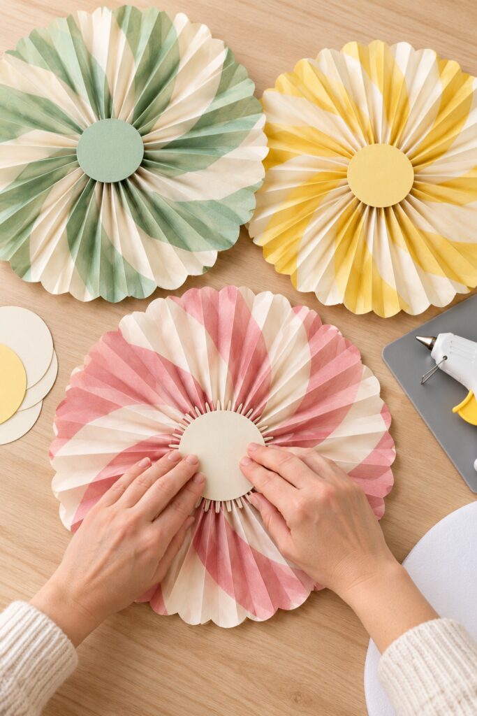 Hands press an ivory cardstock reinforcement disk across the gathered back center of a pink paper fan beside mint and yellow fans