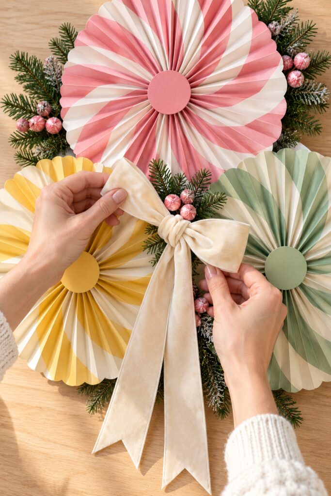Hands adjust a cream bow between pink mint and yellow paper rosettes with evergreen sprigs and pink berry accents