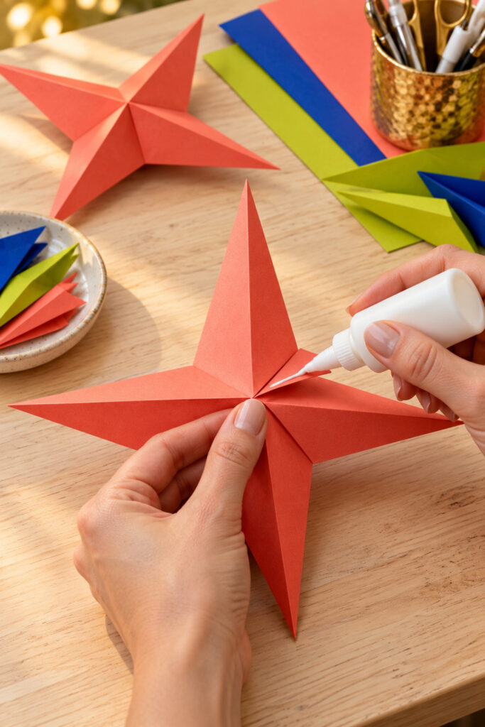 Hands applying glue to a triangular flap overlap on a coral four point dimensional paper star half