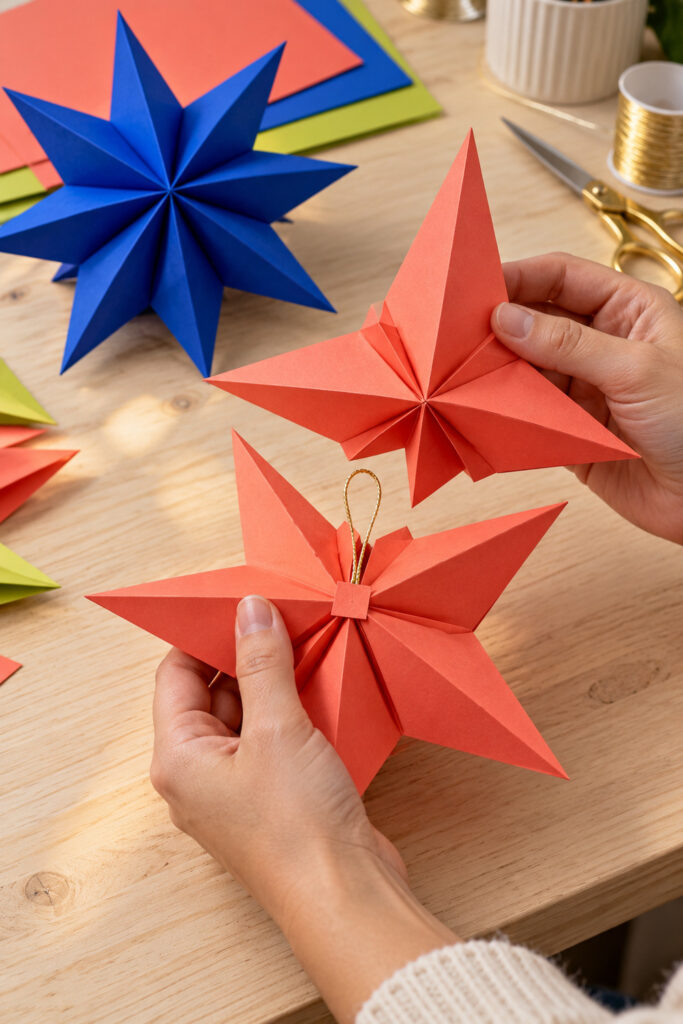 Hands holding two coral four point folded paper halves beside a reinforced cord loop and completed blue star