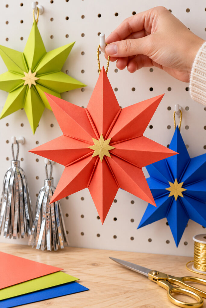 Hand hanging an eight point coral folded paper star from a pegboard hook beside separate silver fringe bundles