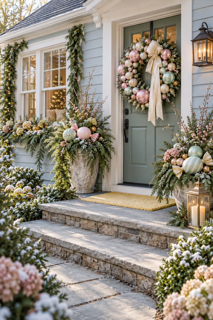Pink mint and ivory baubles decorate an evergreen wreath and planters at a blue cottage entrance with a green door