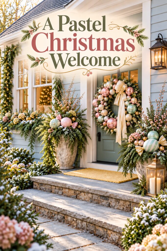 Pastel ornament wreath and evergreen porch planters below the words A Pastel Christmas Welcome