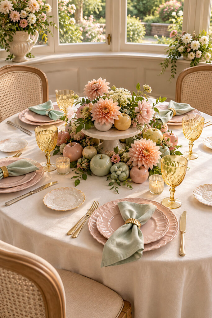 A round Thanksgiving table has blush plates sage napkins amber goblets and pastel ceramic fruit among peach flowers on a low stand