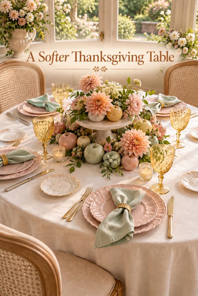 Pastel ceramic fruit and peach flowers form a Thanksgiving centerpiece beneath the words A Softer Thanksgiving Table