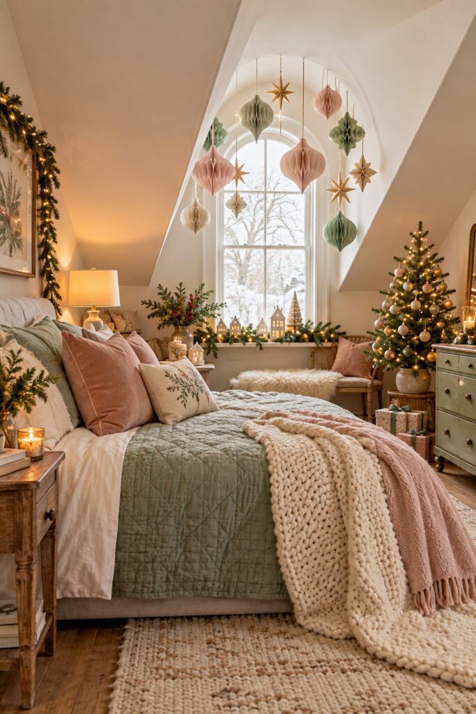 Sage and blush paper ornaments and gold toned stars hang in an attic dormer above layered bedding beside a small Christmas tree