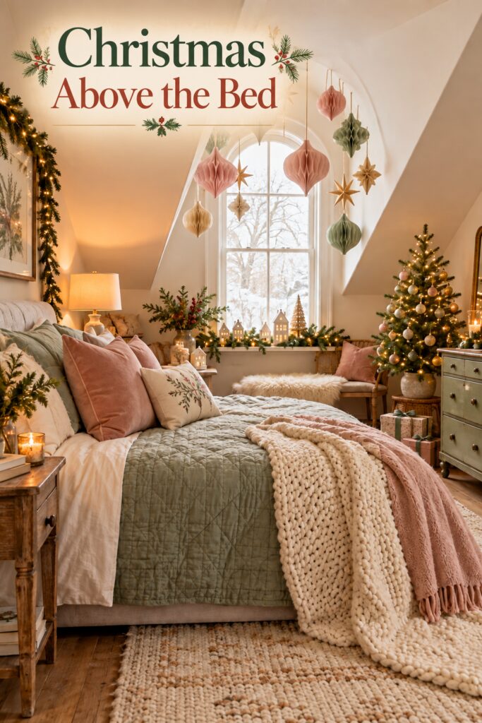 Pastel Christmas attic bedroom with hanging paper ornaments and the words Christmas Above the Bed