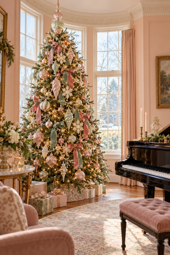 A full green Christmas tree holds pink glass style ornaments sage and blush bows and ivory snowflakes beside a black piano