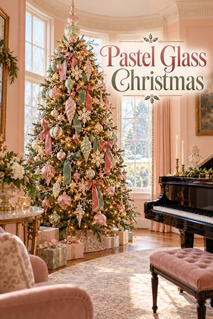 Pink and sage Christmas tree beside a piano with the words Pastel Glass Christmas over the window area