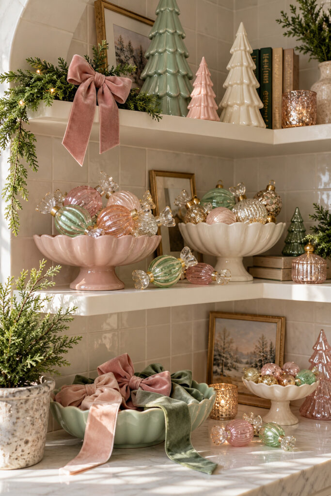 Pastel candy shaped ornaments fill scalloped bowls beneath ceramic Christmas trees with velvet ribbons and evergreen on cream shelves
