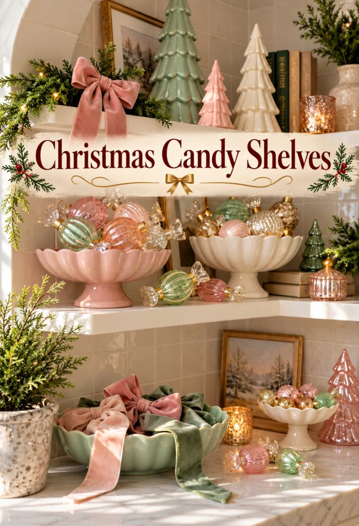 Cream shelves display candy shaped ornaments pastel trees and velvet ribbons around the words Christmas Candy Shelves