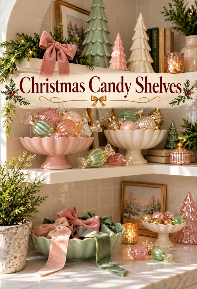 Cream shelves display candy shaped ornaments pastel trees and velvet ribbons around the words Christmas Candy Shelves