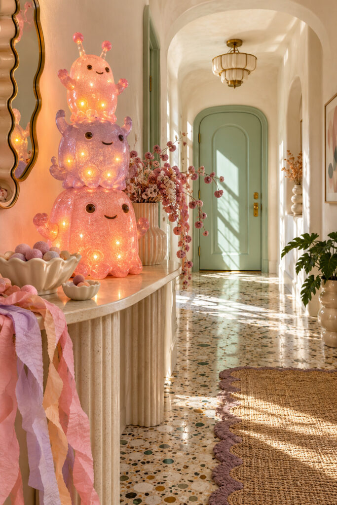 Three glowing pink and lavender monsters stand on a cream console beside flowers in a sunlit hall with a mint door