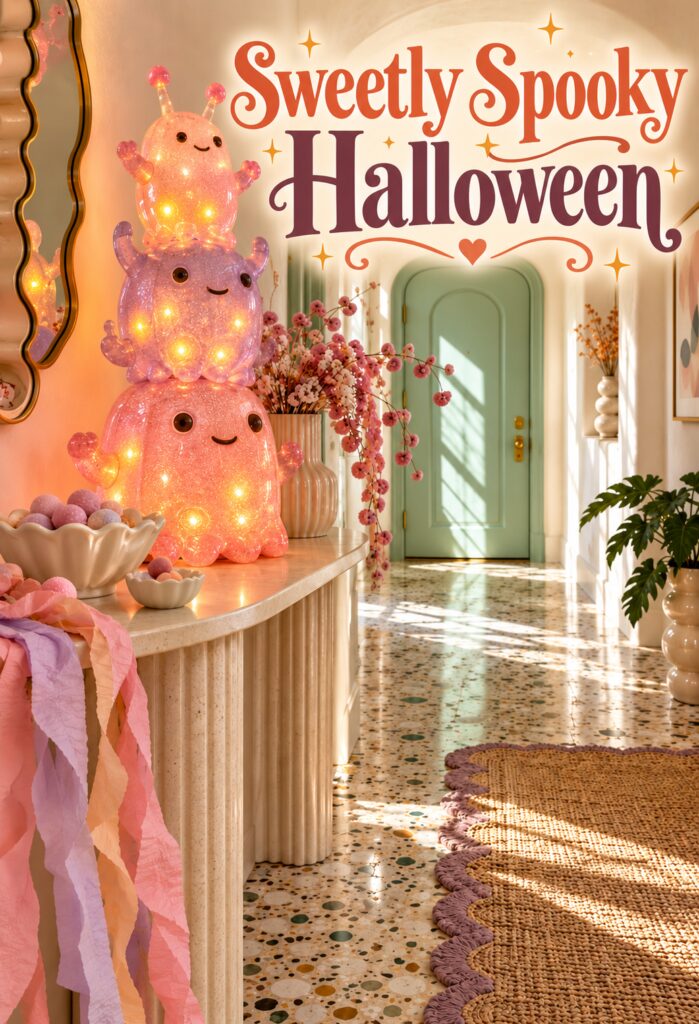 Pastel monster Halloween console display with the words Sweetly Spooky Halloween above the mint doorway