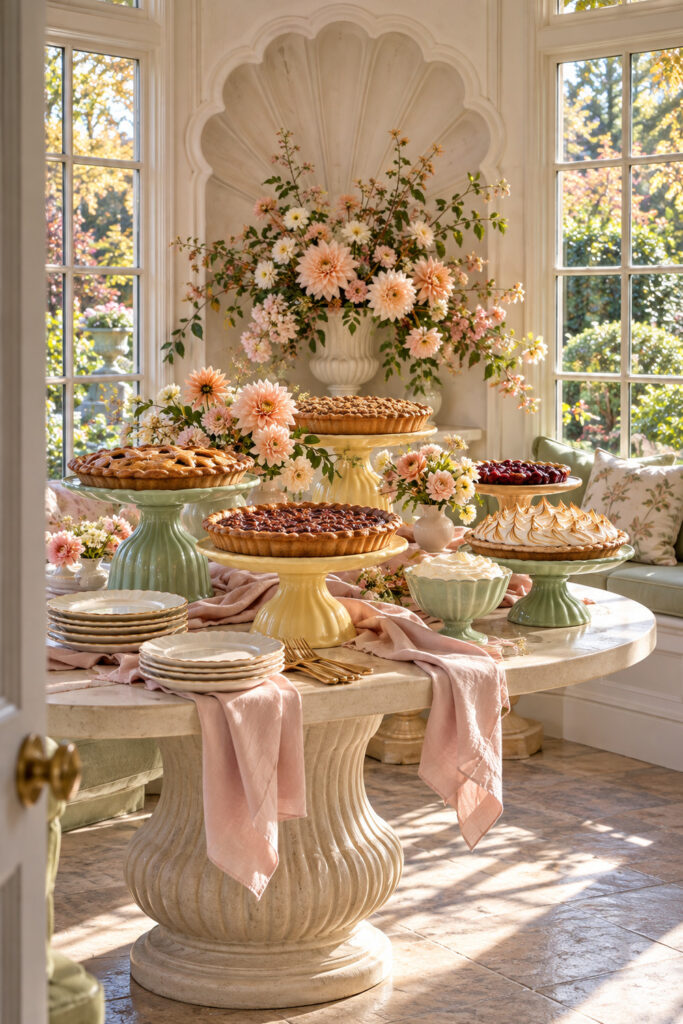 Thanksgiving pies sit on mint and yellow pedestal stands with blush fabric and peach flowers in a sunlit pavilion
