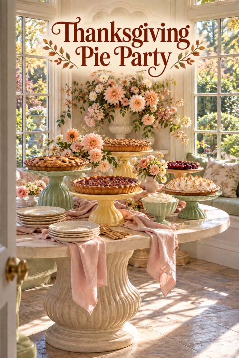 Pastel pie stands and peach flowers surround desserts beneath the words Thanksgiving Pie Party