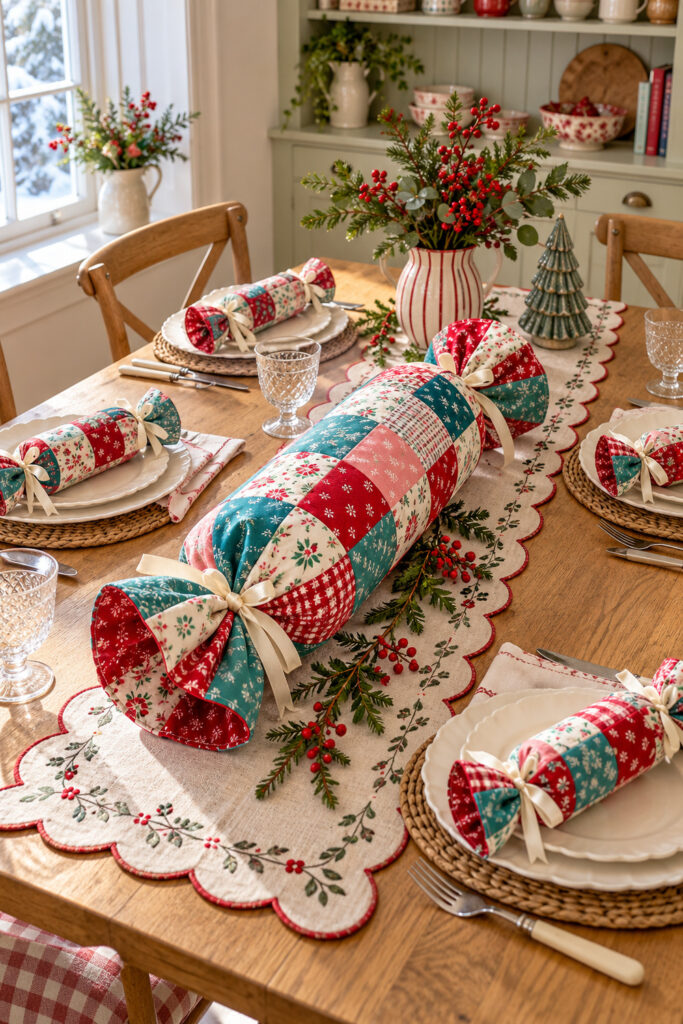 Oversized patchwork fabric Christmas cracker and smaller matching crackers with cream bows on a scalloped holiday table runner