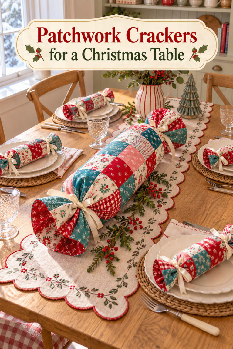 Fabric crackers tied with cream bows at place settings with text Patchwork Crackers for a Christmas Table