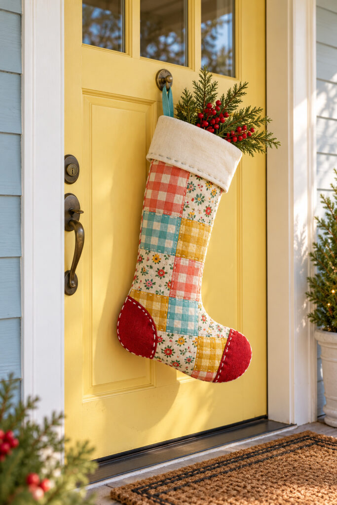 Patchwork Christmas stocking with a cream cuff red heel and toe and evergreen stems on a yellow door