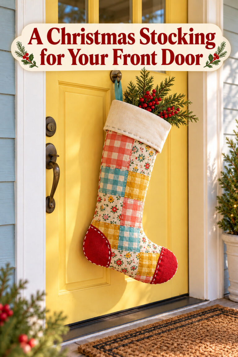 Stocking door pocket filled with greenery and berries with the post title in text at the top