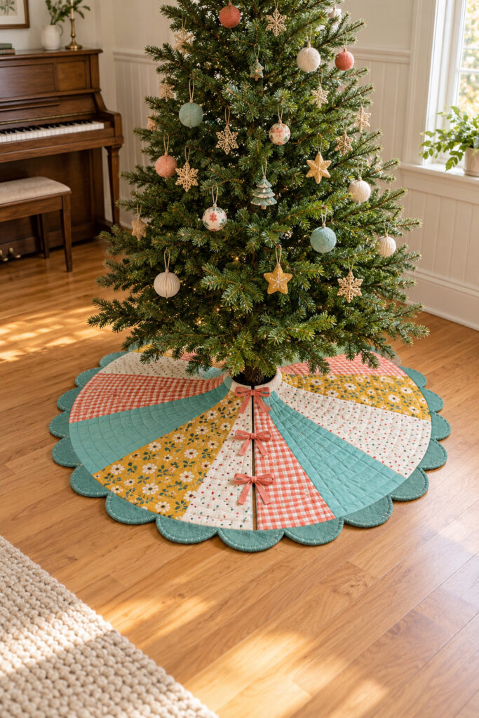 Quilted Christmas tree skirt with coral aqua mustard and cream wedges and an aqua scalloped border